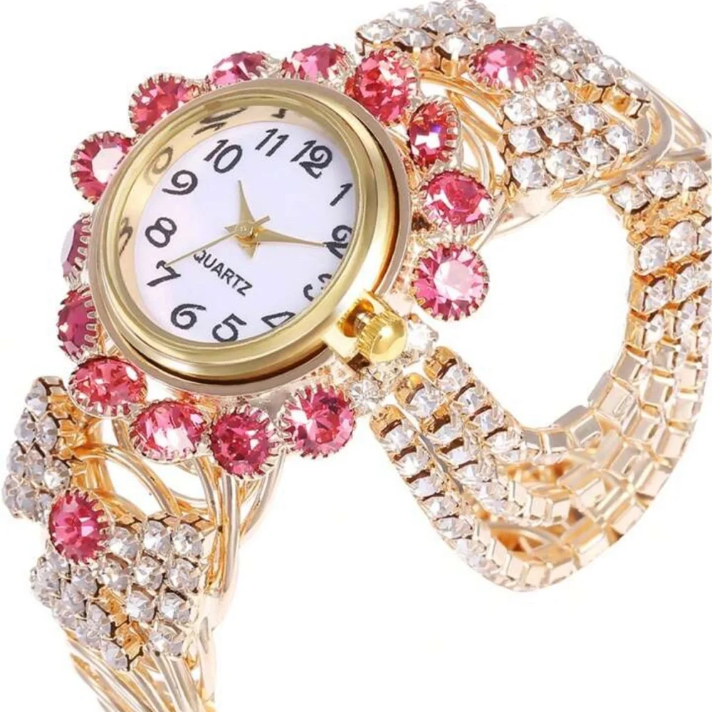 💎💖💎 LADIES PINK & CLEAR CRYSTAL RHINESTONE WATCH ON GOLD TONE CIRCULAR CUFF❗️ - Picture 4 of 6